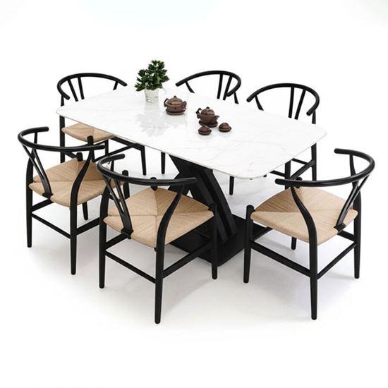 Combo bàn ăn mặt đá và 6 ghế Wishbon đan dây BBA186
