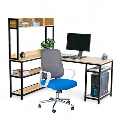 Combo bộ bàn làm việc góc L liền kệ và ghế xoay lưới CB68203