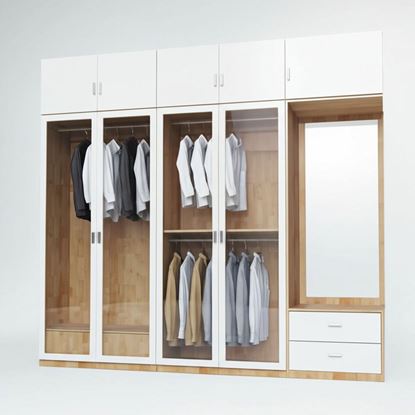 Hệ tủ quần áo 240x55x220cm gỗ cao su cửa kính TQA68048