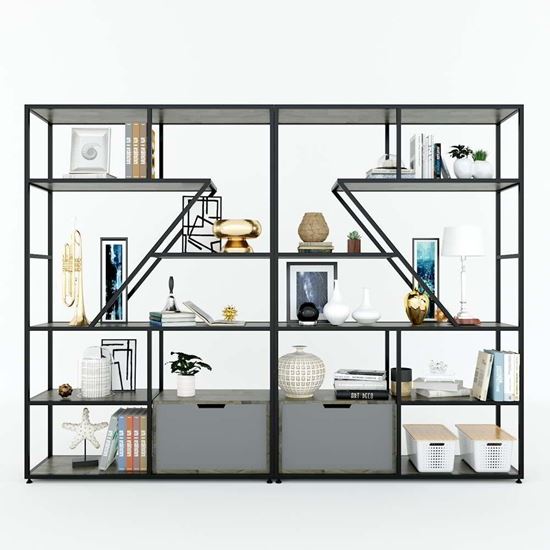 Hệ kệ trang trí khung sắt 240x35x180cm gỗ cao su KTB68166