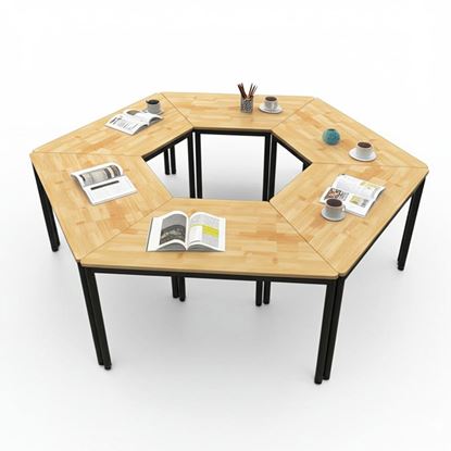 Cụm 6 bàn hình thang lắp ghép gỗ cao su chân sắt hệ OMA HBOM012