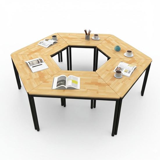 Cụm 6 bàn hình thang lắp ghép gỗ cao su chân sắt hệ OMA HBOM012