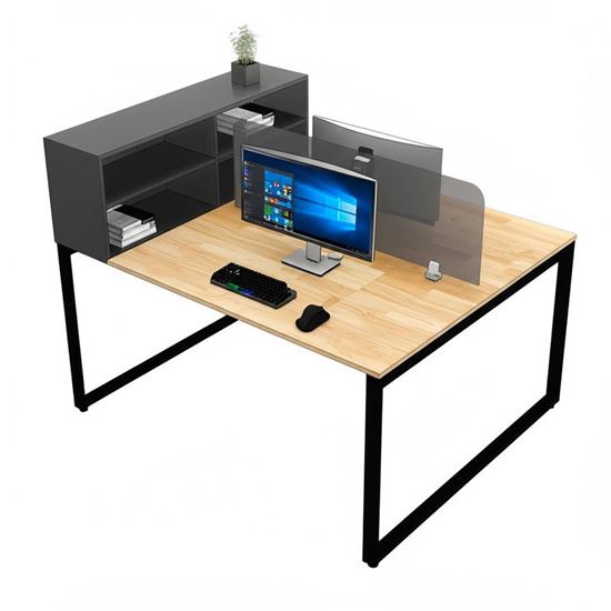 Bàn cụm 2 chỗ 150x120cm kèmkệ tài liệu gỗ cao su chân sắt HBRT075