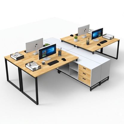 Cụm 4 bàn làm việc gác tủ 340x240cm gỗ cao su chân sắt HBRT082