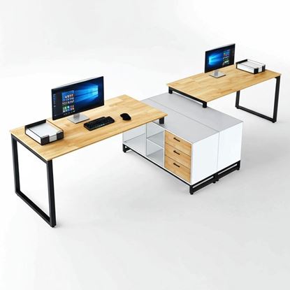 Cụm 2 bàn làm việc gác tủ 340x120cm gỗ cao su HBRT081