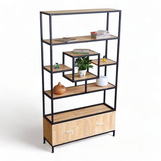 Kệ tủ trang trí phòng khách 100x30x180cm gỗ cao su khung sắt KTB68142