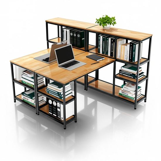 Cụm 2 bàn máy tính liền kệ để PC và máy in gỗ cao su khung sắt COD68054