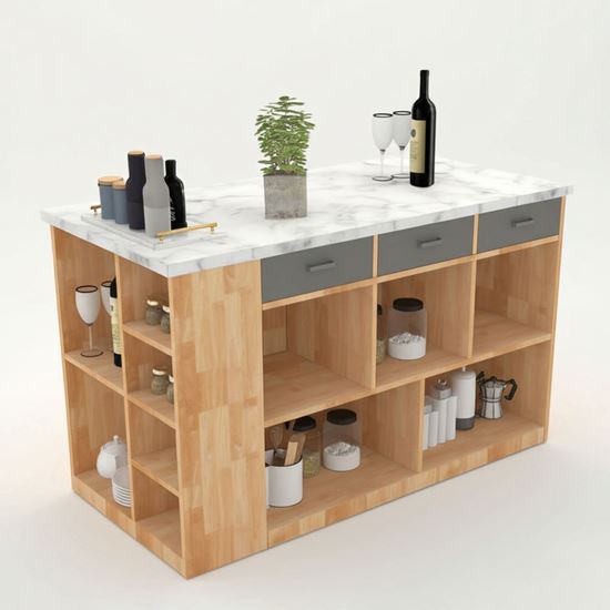 Bàn đảo bếp 140x70x85cm gỗ cao su mặt đá KISL001