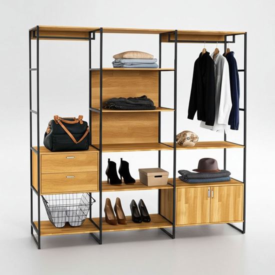 Hệ tủ kệ quần áo gỗ cao su khung sắt TQA68044