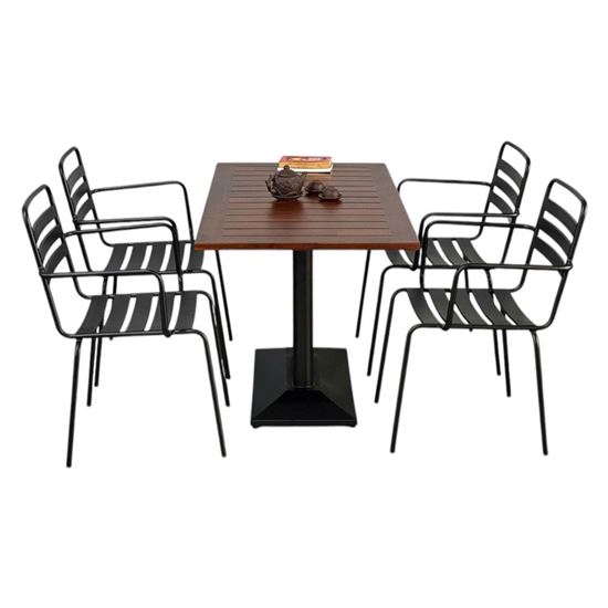 Combo bàn ngoài trời gỗ tràm và 4 ghế sắt CBNT005