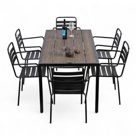 Combo bàn ngoài trời gỗ nhựa và 6 ghế sắt CBNT007