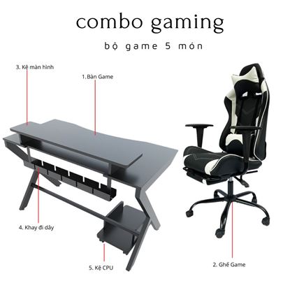 Bộ Bàn Ghế Gaming Trắng Đen Có Phụ Kiện Kèm Theo CBG68013