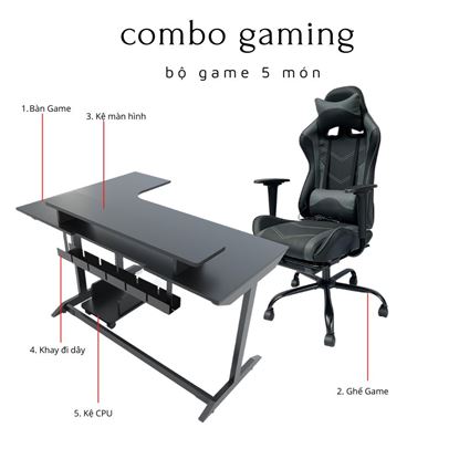 Bộ Bàn Ghế Gaming Đen Xám Kèm Phụ Kiện CBG68015