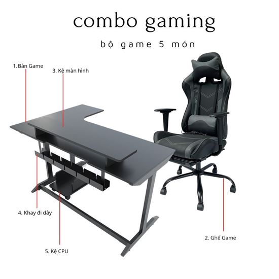 Bộ Bàn Ghế Gaming Đen Xám Kèm Phụ Kiện CBG68015