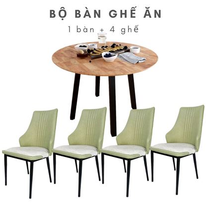 Bộ bàn ăn tròn 1m mặt gỗ và 4 ghế ăn lưng cao màu xanh CBBA052