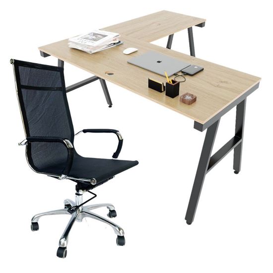 Combo bàn làm việc chữ L và ghế lưới lưng cao CB68154