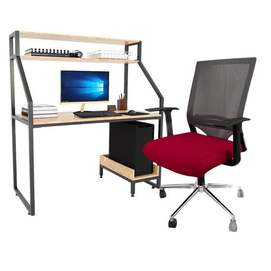 Combo Bàn Vi Tính Kết Hợp Kệ Và Ghế Chân Xoay Nệm Đỏ CB68103