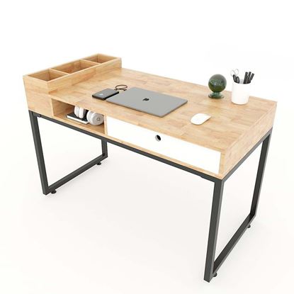 Bàn học hộc kéo kết hợp kệ gỗ cao su chân sắt lắp ráp