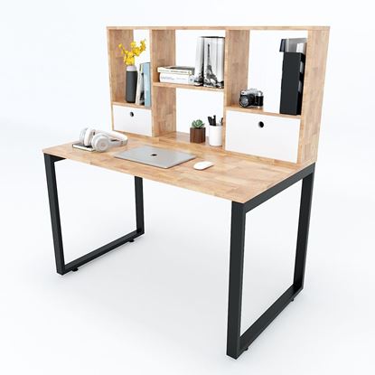 FD68016 - Bàn học kết hợp kệ  chân sắt gỗ cao su màu tự nhiên ( 70x120x135cm)