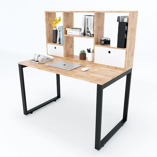 FD68016 - Bàn học kết hợp kệ  chân sắt gỗ cao su màu tự nhiên ( 70x120x135cm)